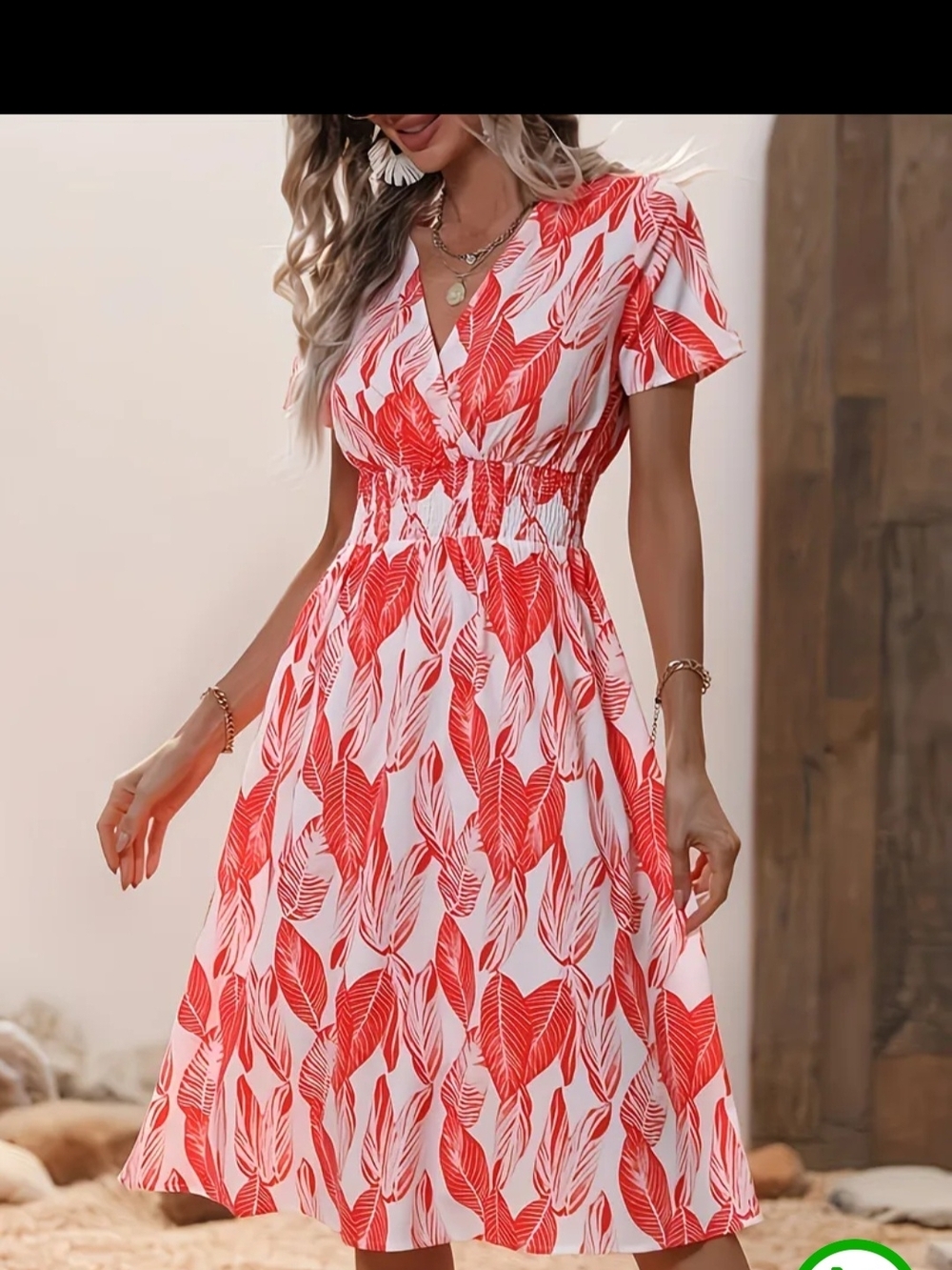Red Leaf-Print Midi Dress - Women